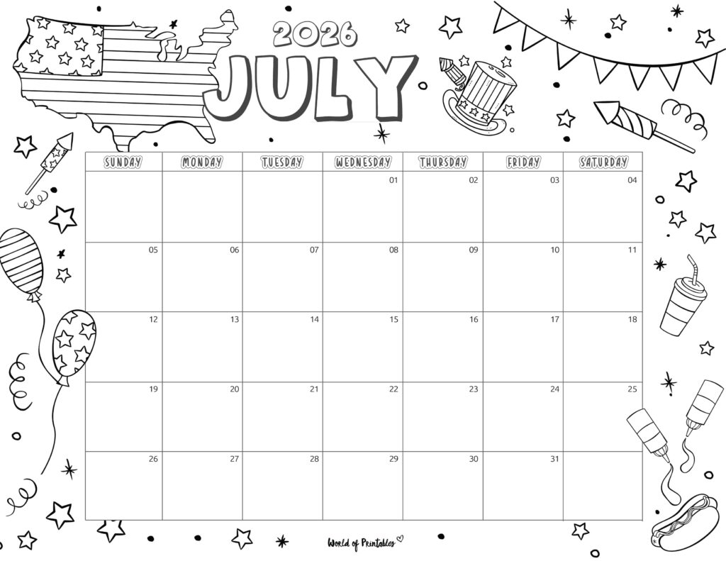 July 2026 Calendar With Cute July-Themed Doodles and Ample Writing Space
