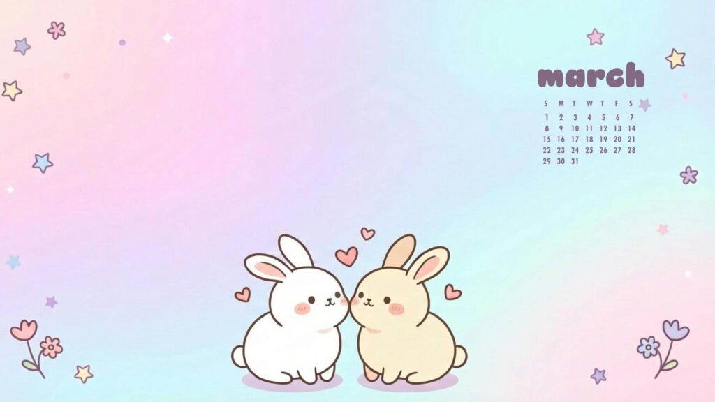Kawaii Bunny March Calendar Wallpaper For Desktop