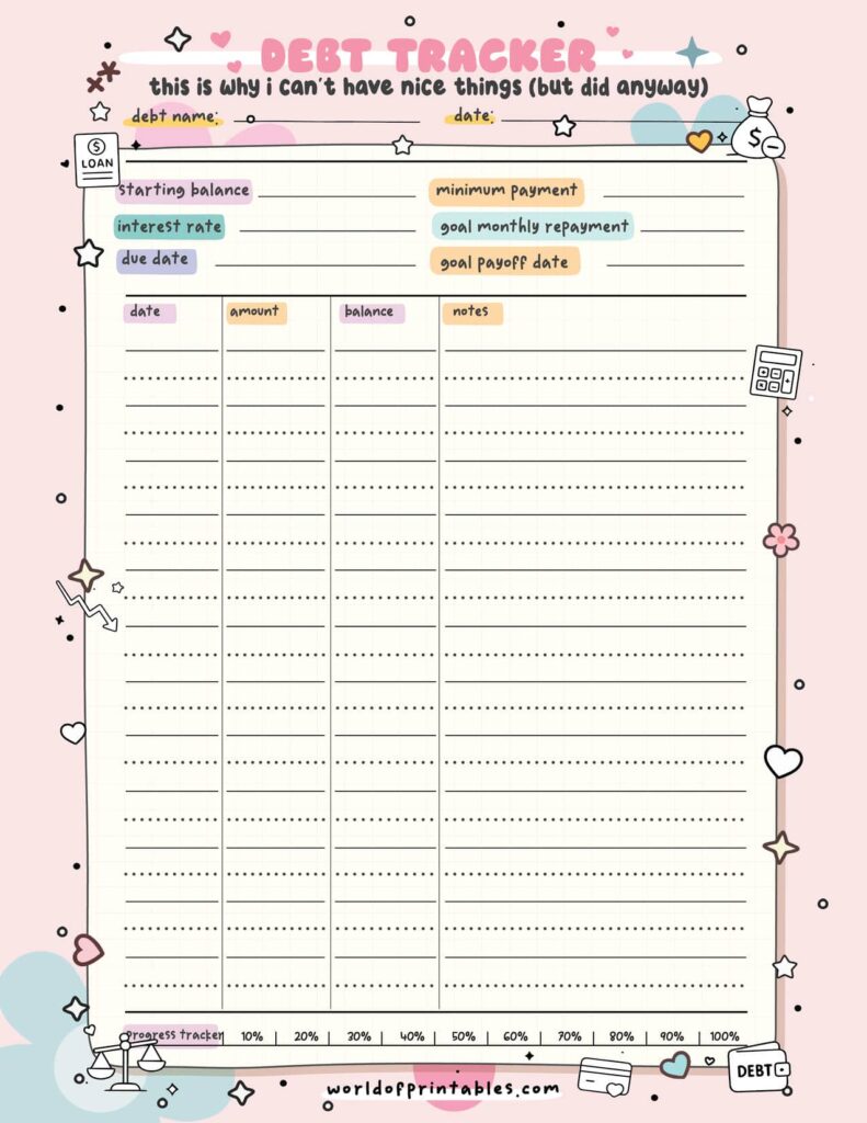 Kawaii Life Admin Pack Debt Tracker
