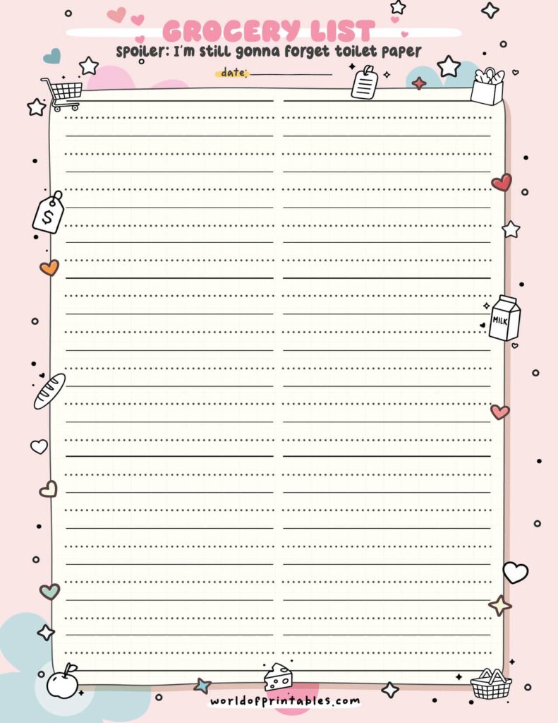 Kawaii Life Admin Pack Grocery List