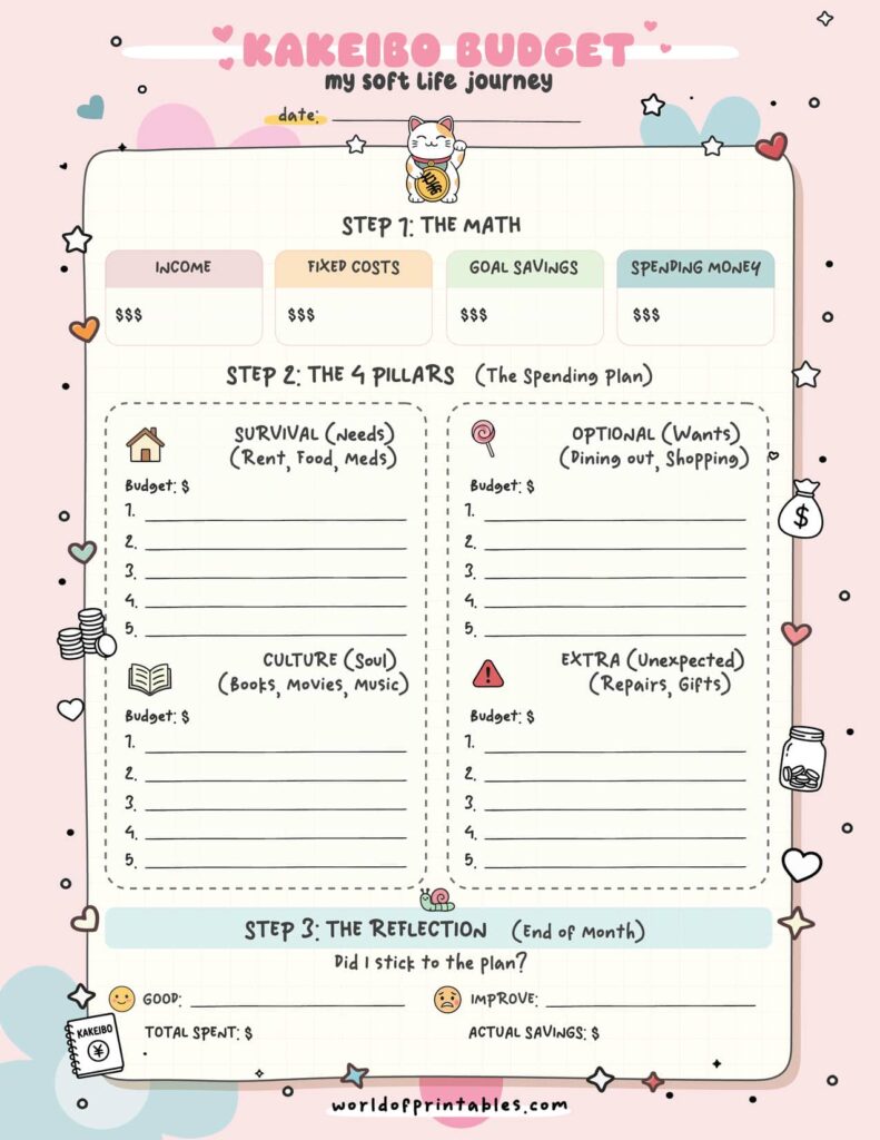 Kawaii Life Admin Pack Kakeibo Budget Sheet