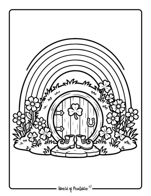 Leprechaun House And Rainbow Coloring Page