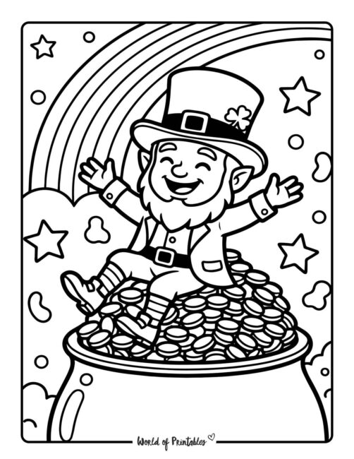 Leprechaun Sitting On Pot Of Gold Coloring Page