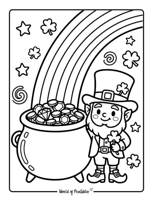 Leprechaun With Pot Of Gold And Rainbow Coloring Page