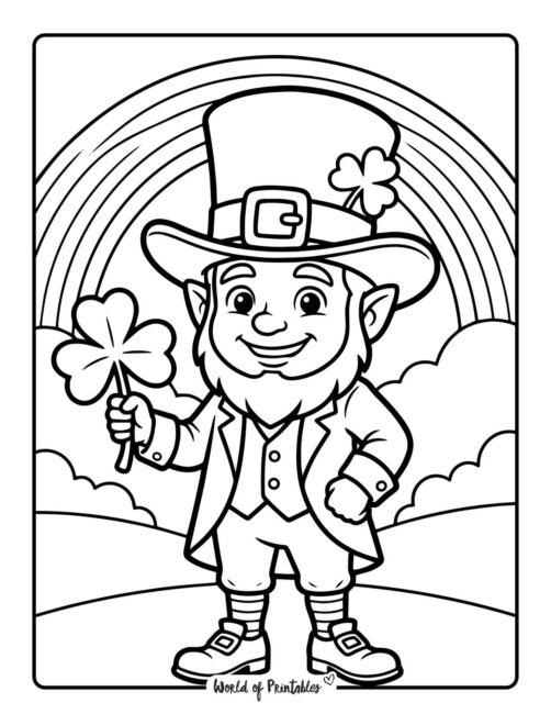 Leprechaun With Shamrock And Rainbow St Patricks Day Coloring Page