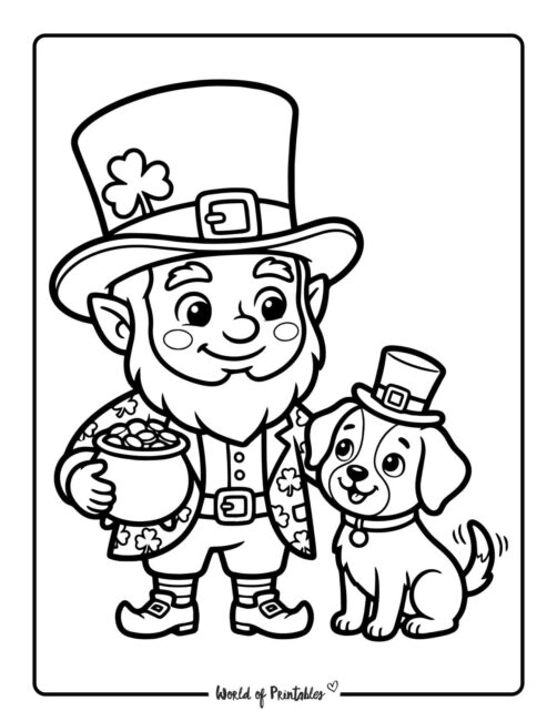 Leprechaun and Puppy Coloring Page For Kids