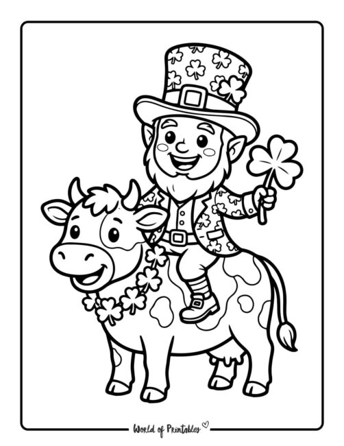 Leprechaun on a Cow Coloring Page