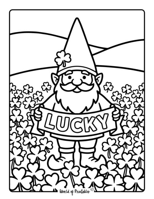 Lucky Gnome In Clover Field St Patricks Day Coloring Page
