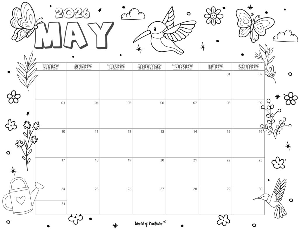 May 2026 Calendar With Cute Spring-Themed Doodles and Ample Writing Space