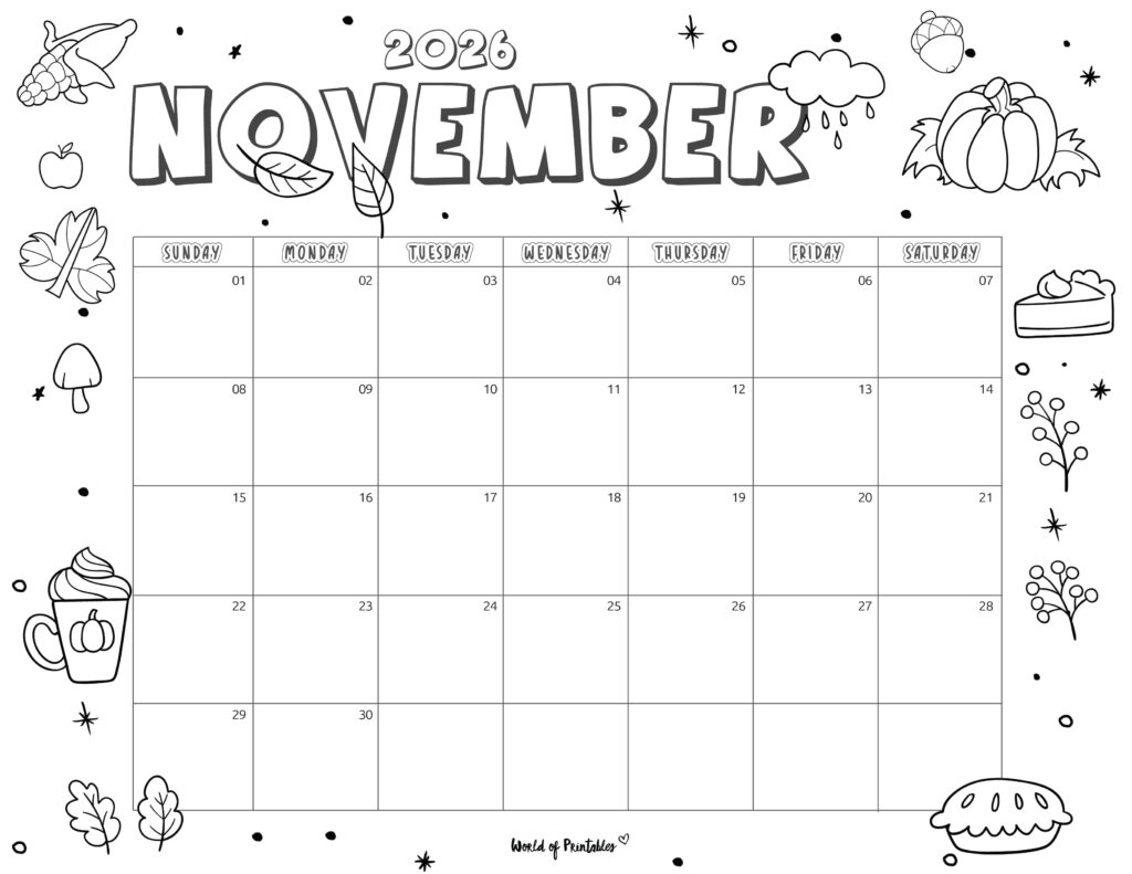 November 2026 Calendar With Cute Fall-Themed Doodles and Ample Writing Space