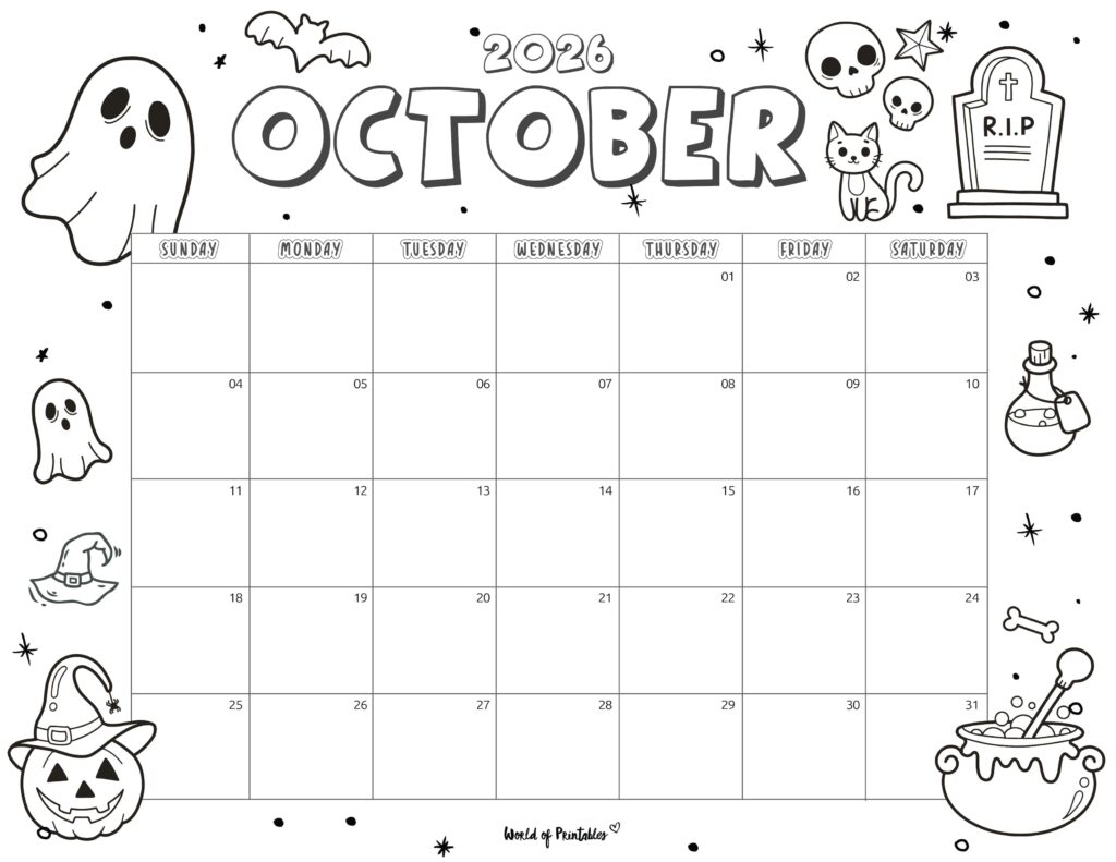 October 2026 Calendar With Cute Halloween-Themed Doodles and Ample Writing Space