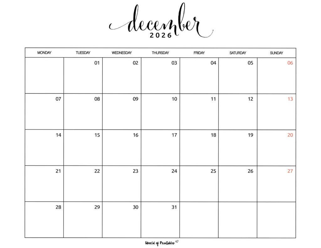 Printable December 2026 Calendar Design 1