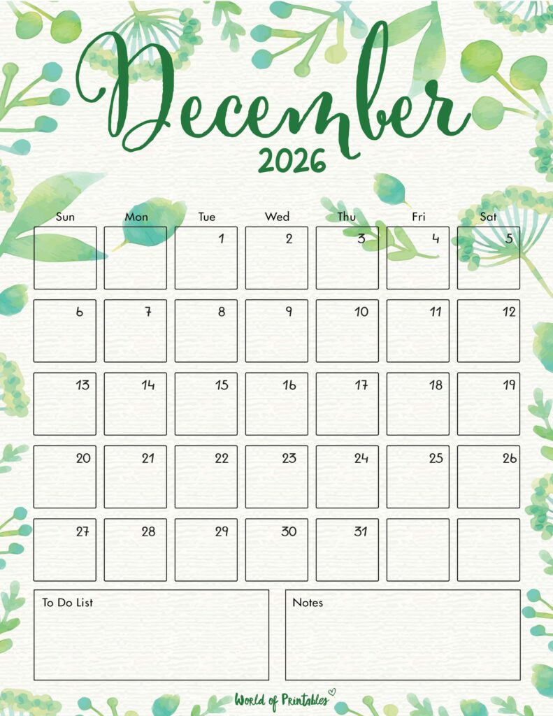 Printable December 2026 Calendar Design 100