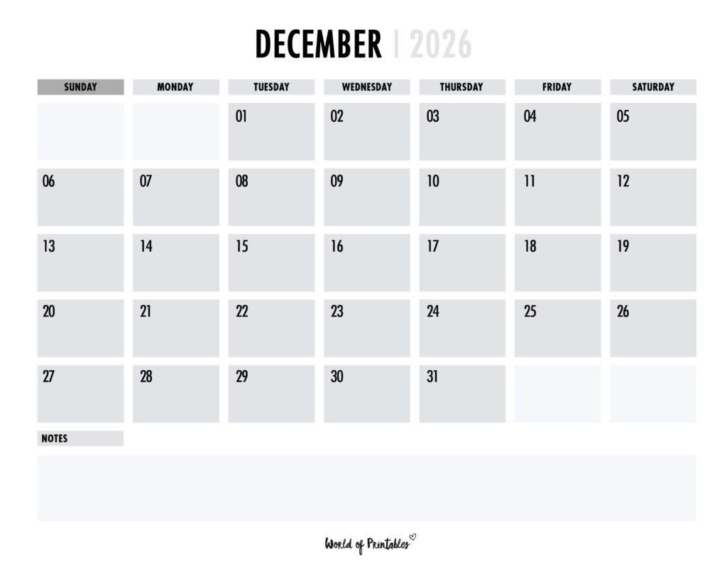 Printable December 2026 Calendar Design 101