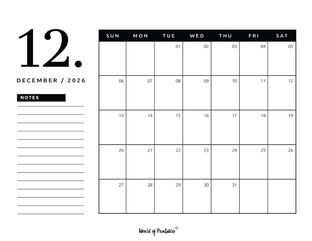 Printable December 2026 Calendar Design 105