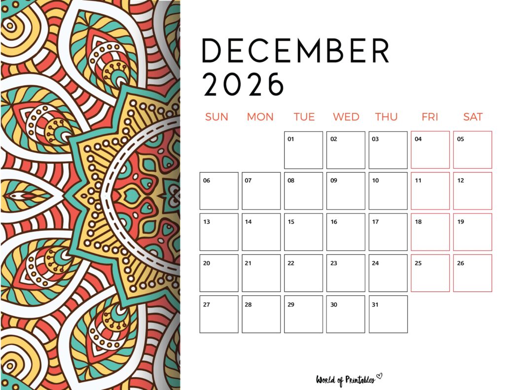 Printable December 2026 Calendar Design 116