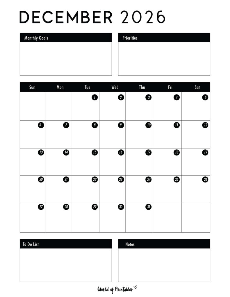 Printable December 2026 Calendar Design 124