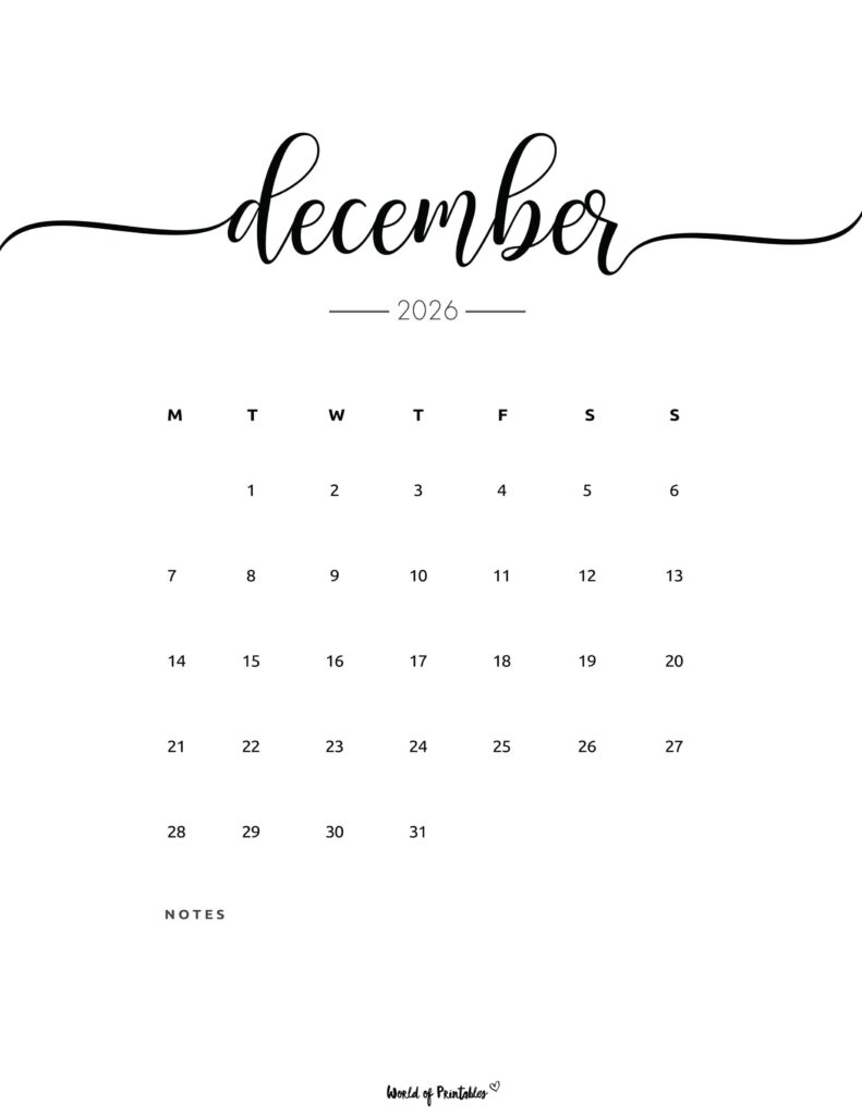 Printable December 2026 Calendar Design 201