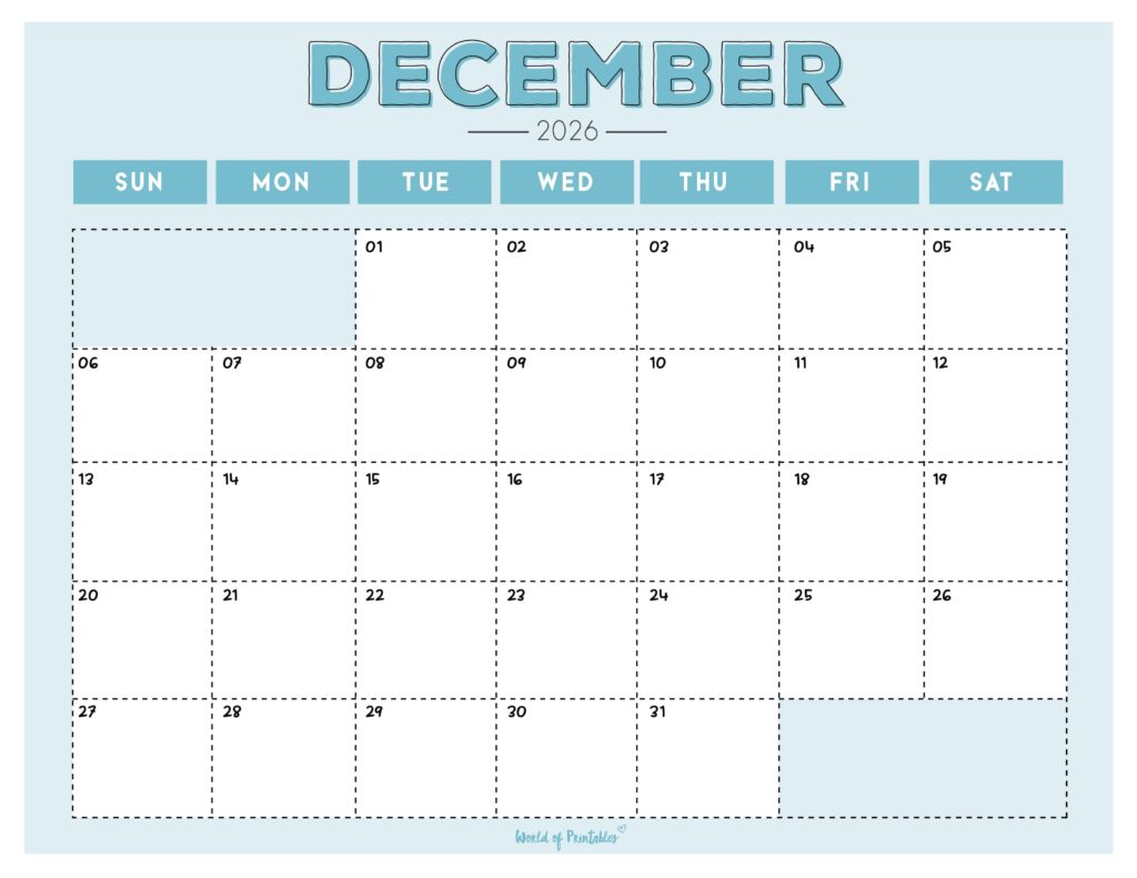 Printable December 2026 Calendar Design 210