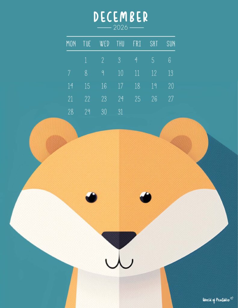 Printable December 2026 Calendar Design 251 - Monday