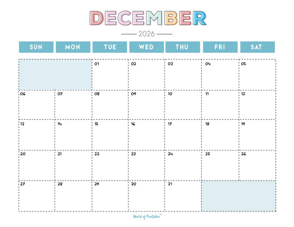Printable December 2026 Calendar Design 252