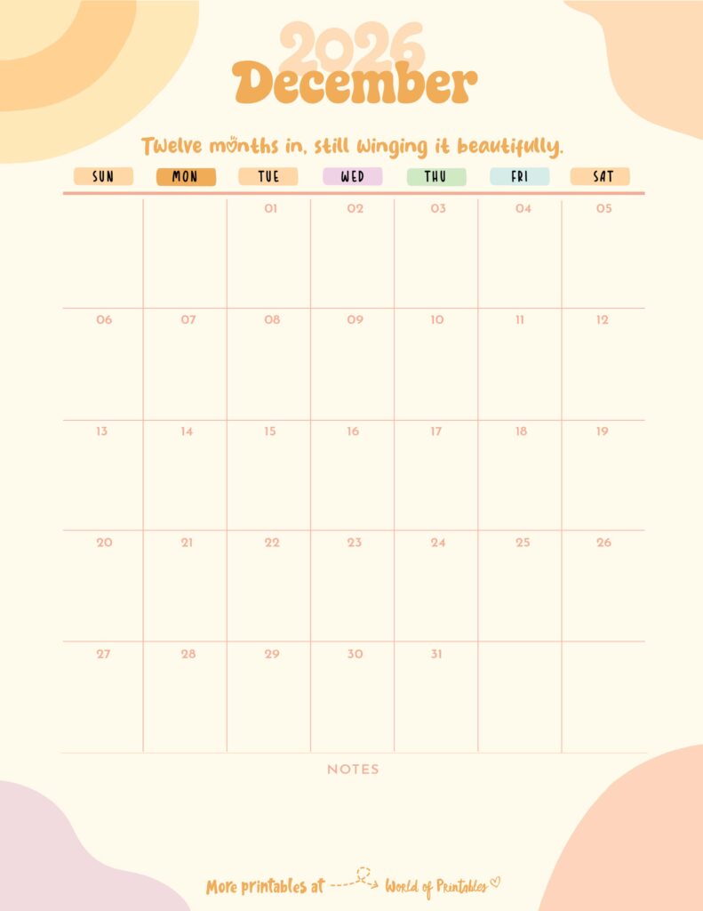 Printable December 2026 Calendar Design 300