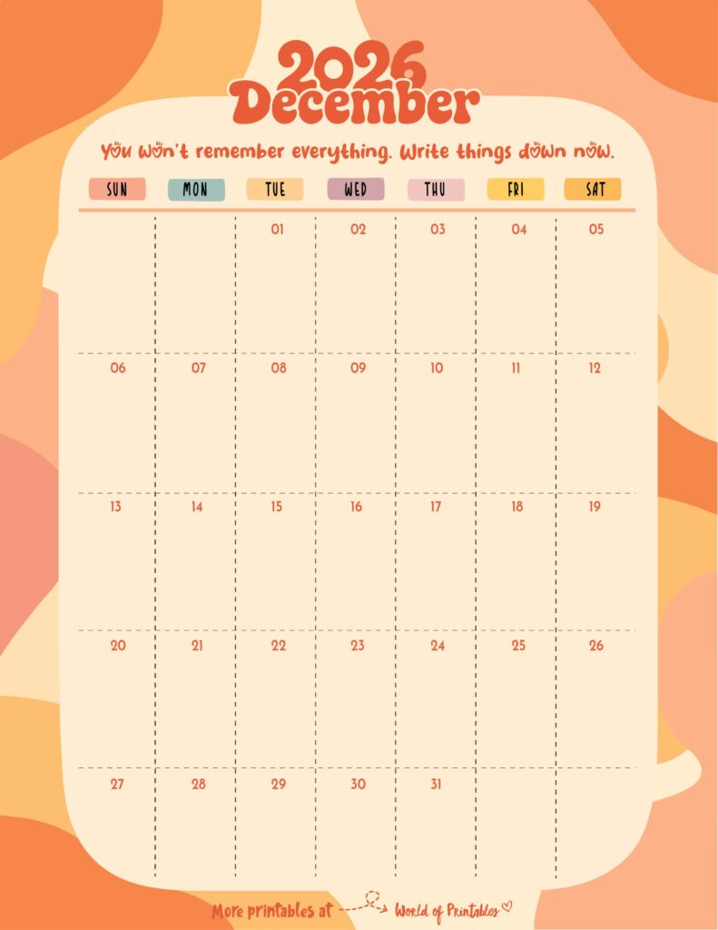 Printable December 2026 Calendar Design 303