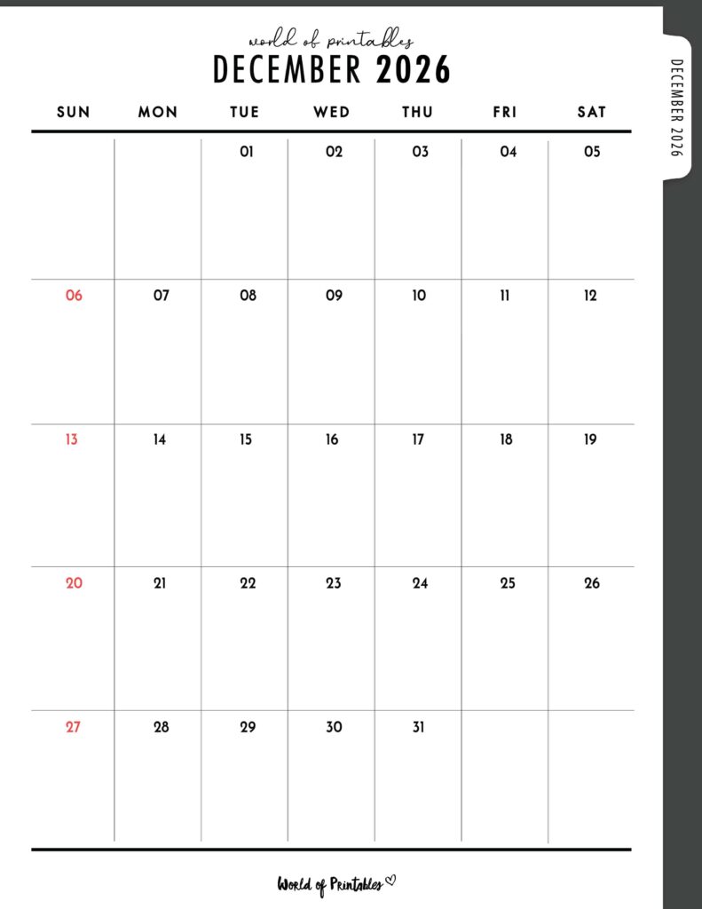 Printable December 2026 Calendar Design 307