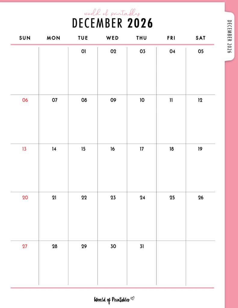 Printable December 2026 Calendar Design 308