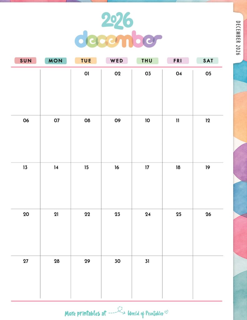 Printable December 2026 Calendar Design 309