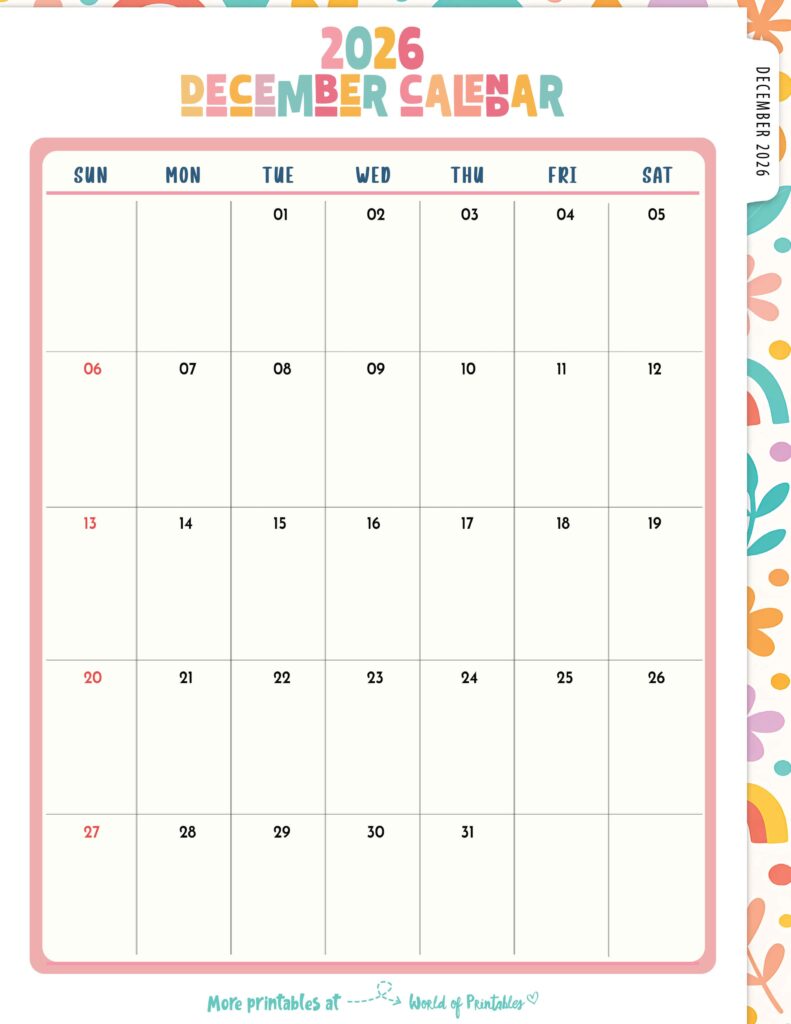 Printable December 2026 Calendar Design 310