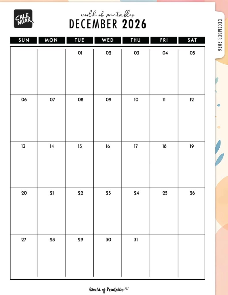 Printable December 2026 Calendar Design 312
