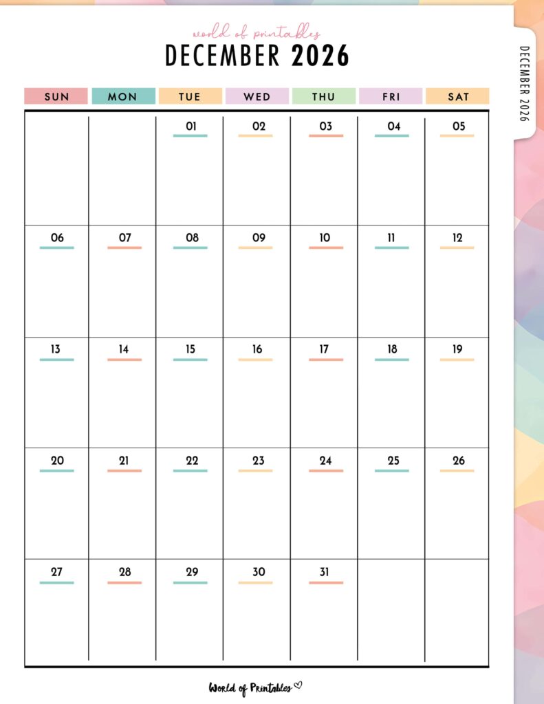 Printable December 2026 Calendar Design 313