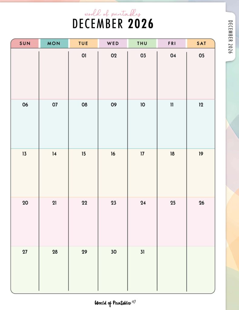 Printable December 2026 Calendar Design 315
