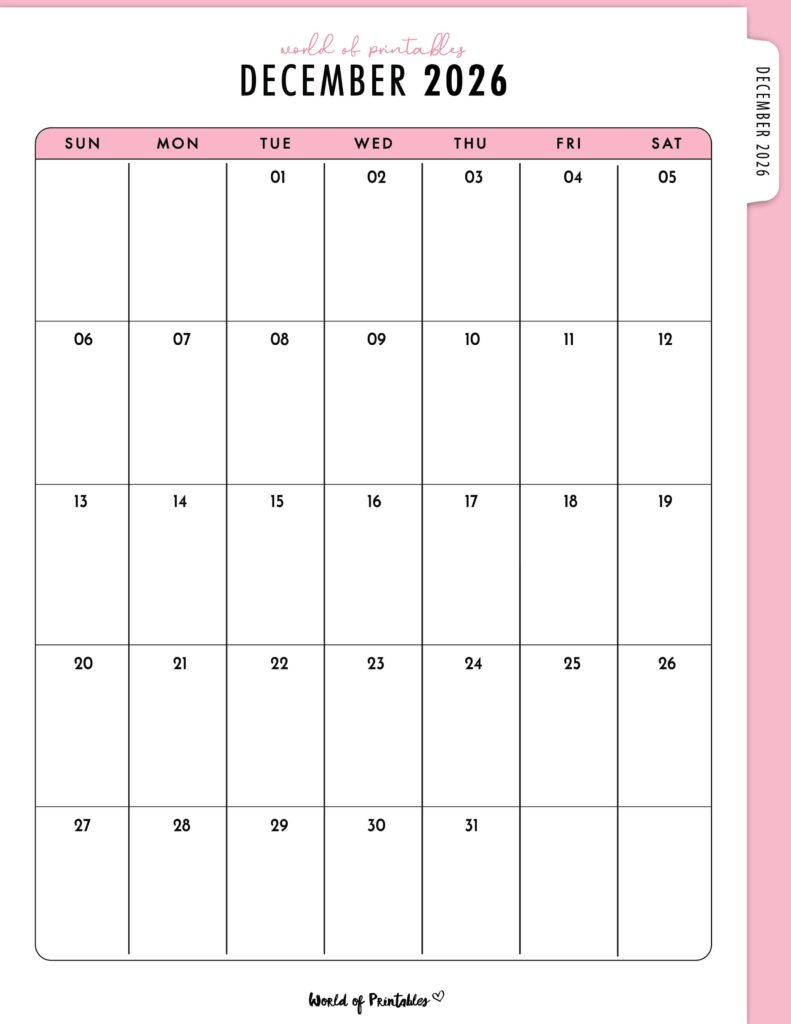 Printable December 2026 Calendar Design 316