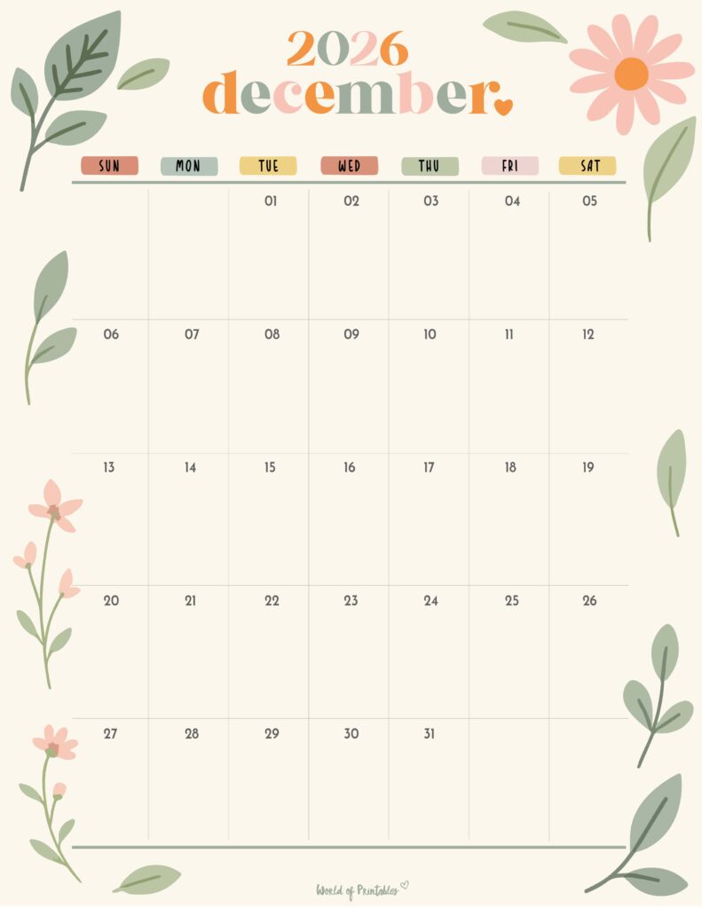 Printable December 2026 Calendar Design 345