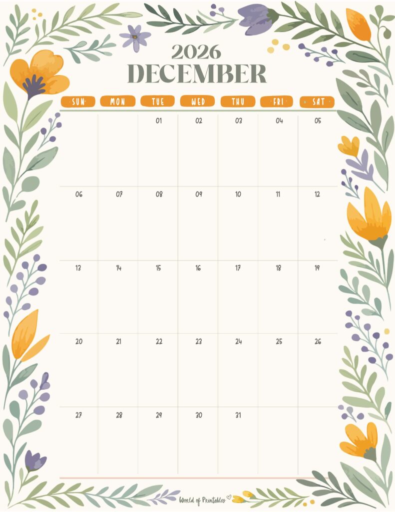 Printable December 2026 Calendar Design 350