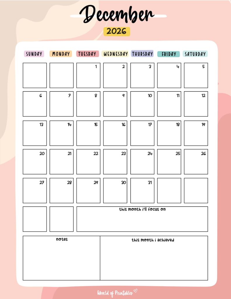 Printable December 2026 Calendar Design 89