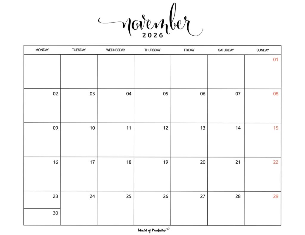 Printable November 2026 Calendar Design 1