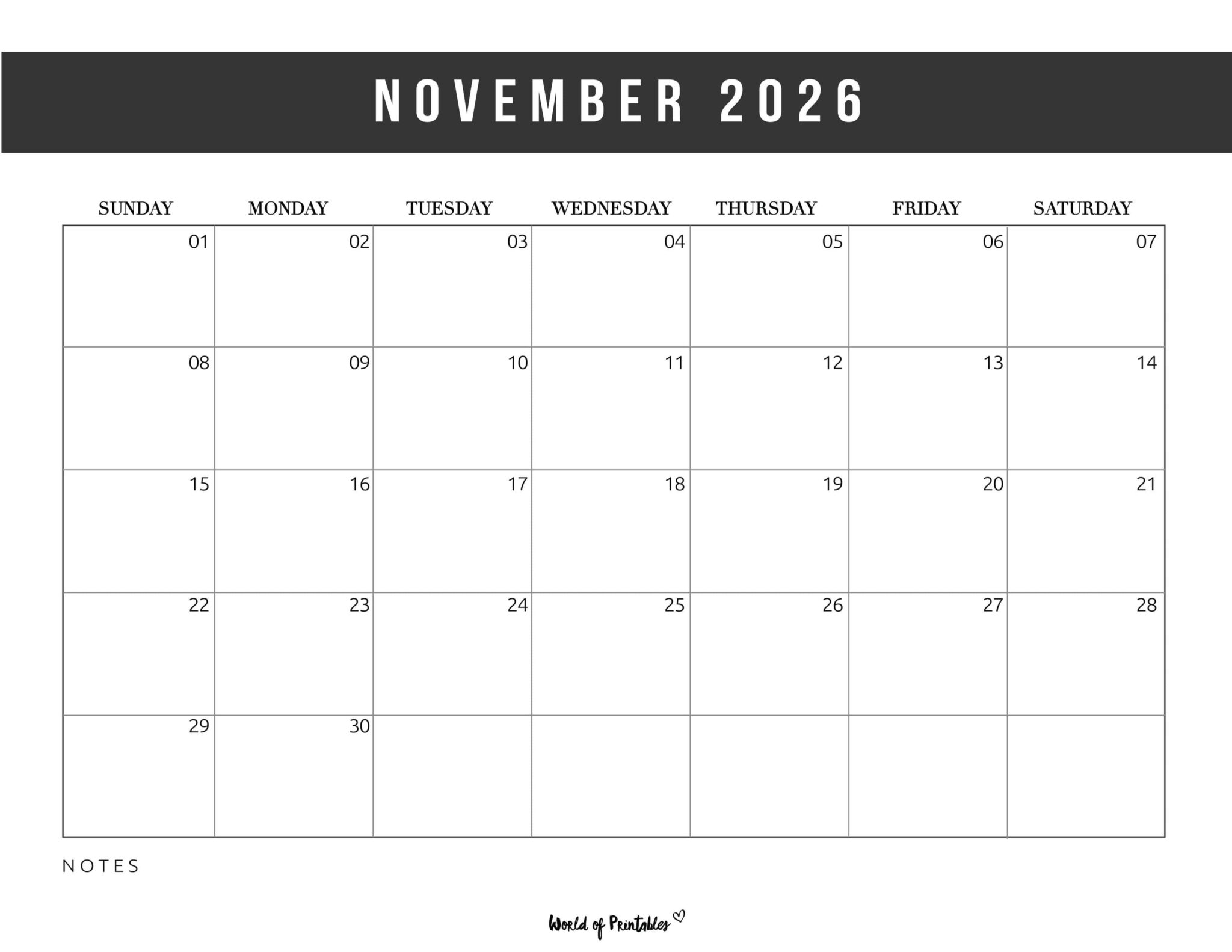 Free Printable November 2026 Calendars (200+ Designs) - World of Printables
