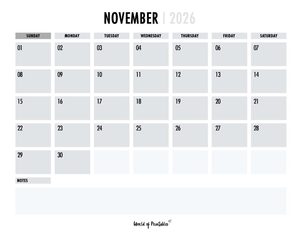 Printable November 2026 Calendar Design 101