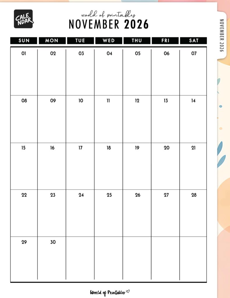 Printable November 2026 Calendar Design 312