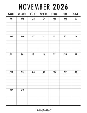 Free Printable November 2026 Calendars (200+ Designs) - World of Printables