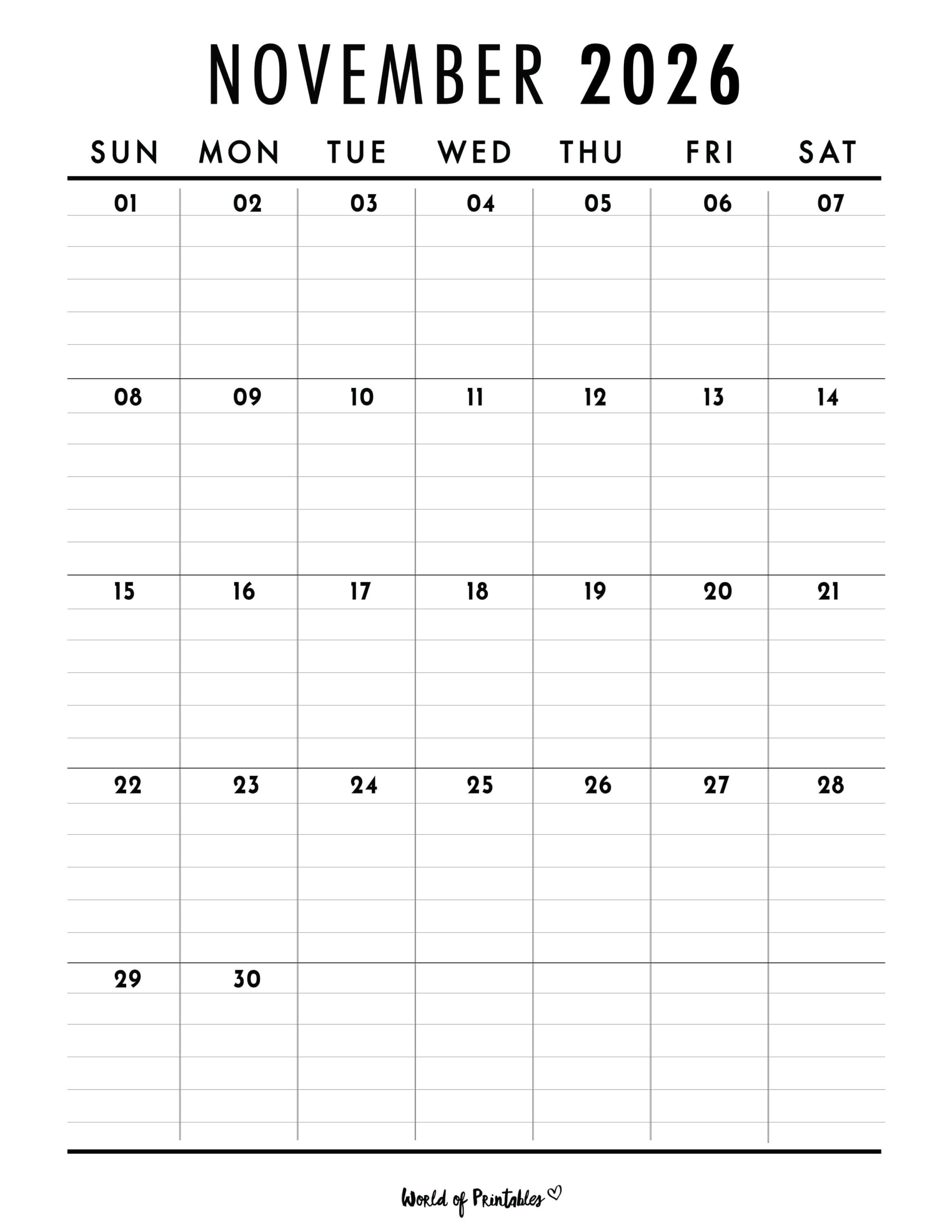 Free Printable November 2026 Calendars (200+ Designs) - World of Printables