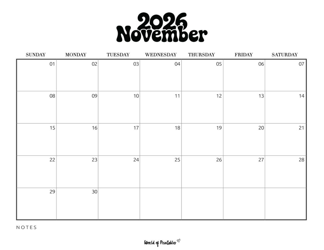 Free Printable November 2026 Calendars (200+ Designs) - World of Printables
