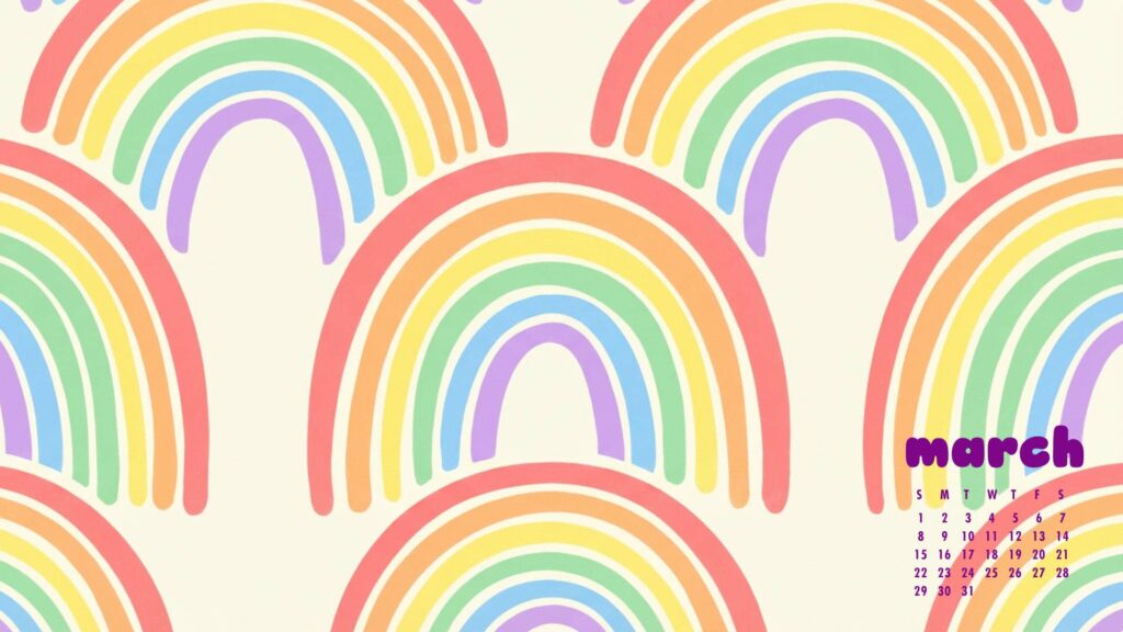 Rainbow March 2026 Desktop Calendar Wallpaper