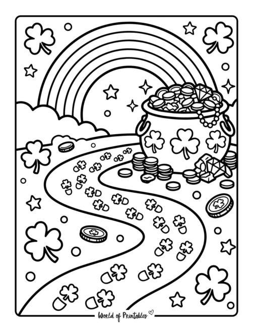 Rainbow Path To Pot Of Gold Coloring Page