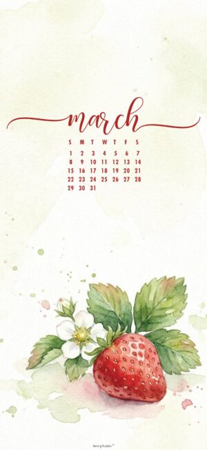 Simple Strawberry March 2026 Android Calendar Wallpaper