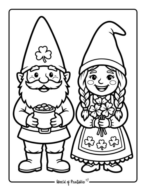St Patricks Day Gnome Couple With Clover Bouquet Coloring Page