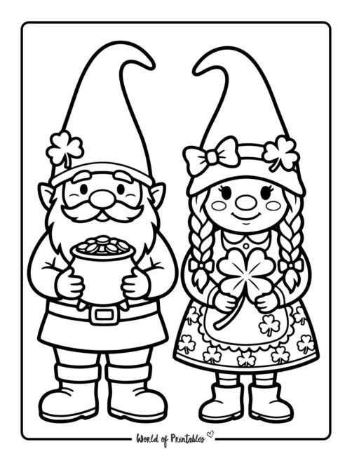 St Patricks Day Gnome Couple With Pot Of Gold Coloring Page